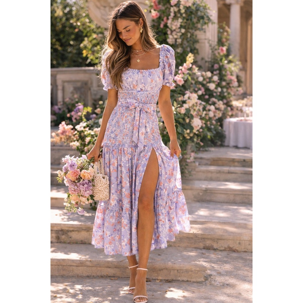 Likely‎ Taylor midi dress size 2 lavender floral puff sleeve wedding guest